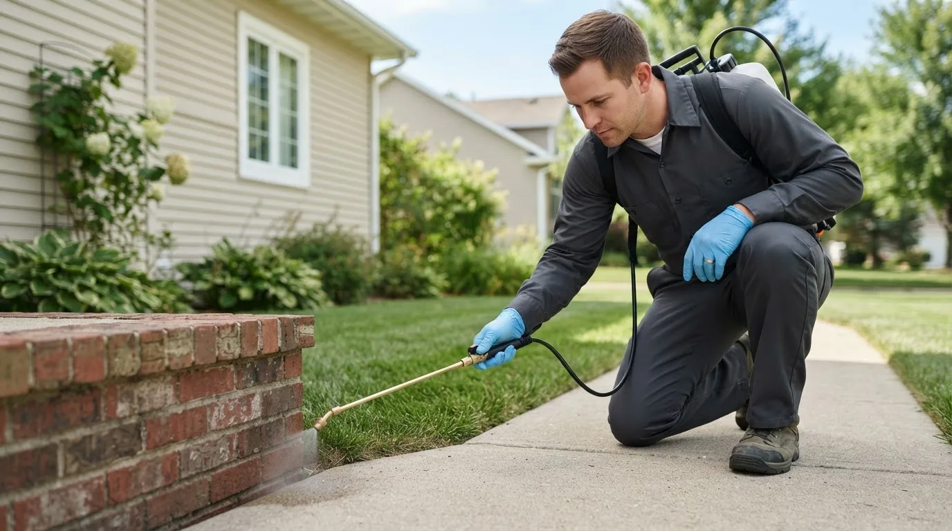 Pest control technician treating a home near Hartsburg, MO